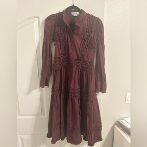 Long Sleeve Ruffle Midi Dress in Burgundy